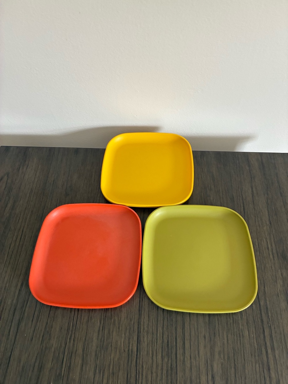 Tupperware Set of 3 Colorful Square Accent Plates - Yellow, Orange, Olive Green